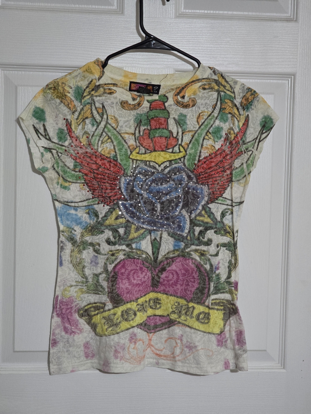 Say What? Women's Cream Graphic Tee with Multicolor Sequin Rose